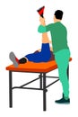 Physiotherapist and patient exercising in rehabilitation center, illustration. Doctor supports sport man during therapy.
