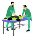 Physiotherapist and patient exercising in rehabilitation center, illustration. Doctor supports sport man during therapy.