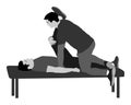 Physiotherapist and patient exercising in rehabilitation center, illustration. Doctor supports sport man during therapy.