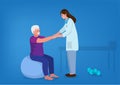 Physiotherapist or rehabilitologist doctor rehabilitates elderly patient. Physiotherapy rehab, injury recovery concept. Vector Royalty Free Stock Photo