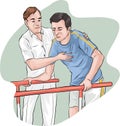 Physiotherapist standing by a male patient walking during a rehabilitation therapy. Vector illustration