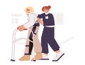 Physiotherapy doctor help patient to walk with rehab walkers