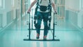 Physiotherapy of a handicapped man wearing exosuit