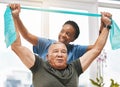 Physiotherapy help, stretching band and doctor with senior man in physical therapy, rehabilitation or healthcare support Royalty Free Stock Photo