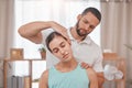 Physiotherapy, neck injury and woman in a consultation room with physiotherapist man for spine, back and bone assessment