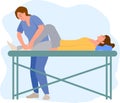 Physiotherapy rehabilitation assistance vector illustration. Patient lying on massage table therapist doing healing