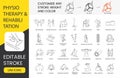 Physiotherapy and rehabilitation line icons set in vector, fitball exercises and wheelchair, massage and dumbbell Royalty Free Stock Photo