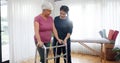 Physiotherapy, senior woman and walking frame support, Physical therapy consultation and muscle health. Elderly person