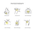 Physiotherapy is a set of line icons. Ultrasound for the shoulder, elbow or knee, electrotherapy for the back or