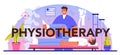 Physiotherapy typographic header. Doctor helping patients during physio therapy