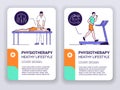 Physiotherapy web banner brochures template. Doctor massages patient and cardio workout. Print design with linear illustrations