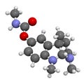 Physostigmine alkaloid molecule. Present in calabar bean and manchineel tree, acts as acetylcholinesterase inhibitor. 3D rendering