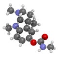 Physostigmine alkaloid molecule. Present in calabar bean and manchineel tree, acts as acetylcholinesterase inhibitor. 3D rendering