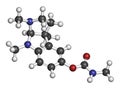 Physostigmine alkaloid molecule. Present in calabar bean and manchineel tree, acts as acetylcholinesterase inhibitor. 3D rendering