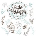 Phytotherapy background. Stylish lettering in the wreath and set of herbs. Royalty Free Stock Photo