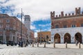 Piacenza, medieval town, Italy. City center with piazza Cavalli square horses, palazzo Gotico