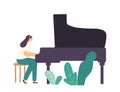 Pianist Girl Character Playing Musical Composition on Grand Piano for Symphonic Orchestra or Opera Performance on Stage