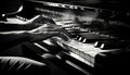 Pianist hand skillfully plays black and white chords generated by AI