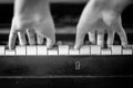 Pianist hands playing piano. Black and white photography/ View from the lower angle Royalty Free Stock Photo