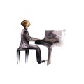 Pianist man in black tailcoat watercolor illustration. Expressive romantic pianist man plays piano isolated on white