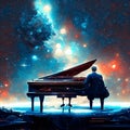 Pianist playing the piano in the night sky. 3D rendering AI Generated Royalty Free Stock Photo