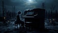 The pianist plays a haunting melody under the moonlit tree generated by AI