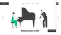 Pianist and Saxophone Concert Website Landing Page. Artists Playing Musical Composition on Grand Piano and Sax for Jazz