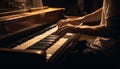 The pianist skilled hand plays a beautiful classical music piece generated by AI