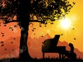 A Pianist, Uner The Tree, Sunset Royalty Free Stock Photo