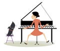 Pianist woman plays piano and the dog howls