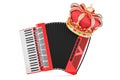 Piano accordion with golden crown, 3D rendering