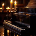 Piano on the background of a burning candle. Problems with electricity due to the war in Ukraine