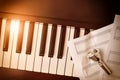 Piano and brass instruments concept with keys and mouthpiece vintage Royalty Free Stock Photo