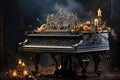 Piano with burning candles in a dark room. 3d rendering Generative AI Generative AI