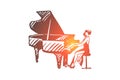 Piano, classic, musician, woman, performance concept. Hand drawn isolated vector. Royalty Free Stock Photo