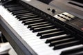 Piano close up black and white Piano keyboard background with selective focus, studio music synthesizer keyboard side view of inst Royalty Free Stock Photo