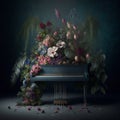 Piano covered in overgrown floral vines and buds. Ai generated.