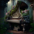 Piano covered in overgrown floral vines and buds. Ai generated.