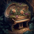 Piano covered in overgrown floral vines and buds. Ai generated.