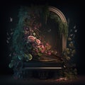 Piano covered in overgrown floral vines and buds. Ai generated.