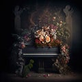 Piano covered in overgrown floral vines and buds. Ai generated.