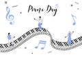 Piano Day cartoon hand drawn style flat vector design illustrations. Concept of people walk on piano keys with Music Icon, Audio s Royalty Free Stock Photo