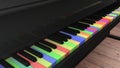 Piano with differntly colored keys on wooden floor Royalty Free Stock Photo