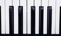 Piano or electronic synthesizer piano keyboard background Midi keyboard and controller with faders and buttons. Concept of close