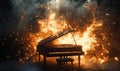 Piano engulfed in flames, dramatic fire explosion, dark atmosphere, intense lighting, artistic representation of Royalty Free Stock Photo