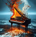 The piano, engulfed in tongues of fire, plunges into the depths of the sea