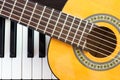 Piano key and guitar. Top view. Royalty Free Stock Photo