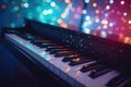 Piano keyboard closeup on stage, colorful background. Generative AI