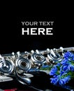 Piano keyboard and flute instrument close up with place for your text. Royalty Free Stock Photo
