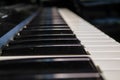 Piano keyboard keys of synth close up view. Shot of a black and white keys of a musical instrument with dust are pressed Royalty Free Stock Photo